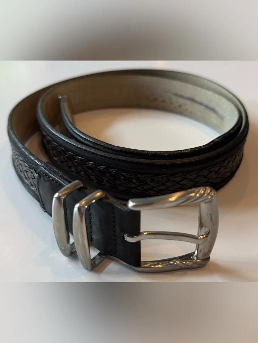 Tommy Bahama Leather Belt Braided Inlay Black Brown Mens 38 Made In Spain TB5082